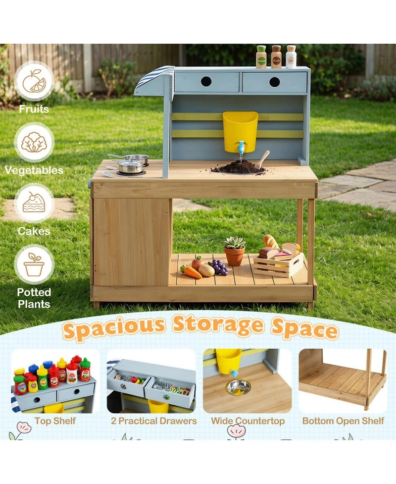 Hongge Canopy Mud Kitchen with Water Tank and Faucet, Ages 3+