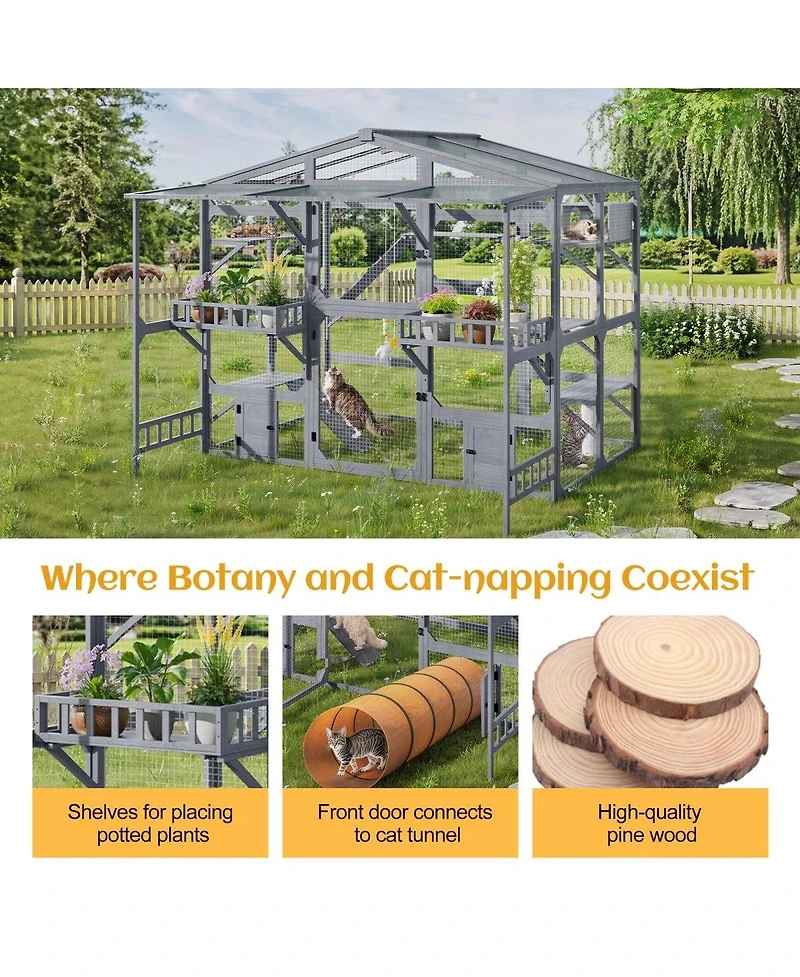 6thdruple Large Wooden Outdoor Catio for Multiple Cats, Weatherproof Pine Cat House