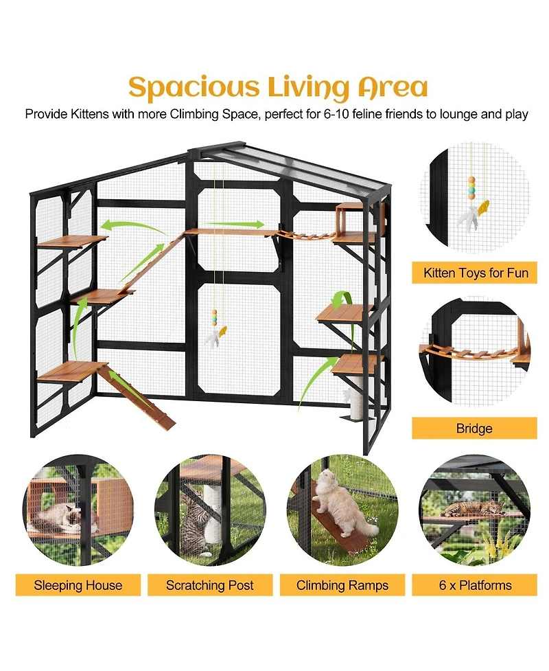 6thdruple Large Wooden Outdoor Catio for Multiple Cats, Weatherproof Pine Cat House