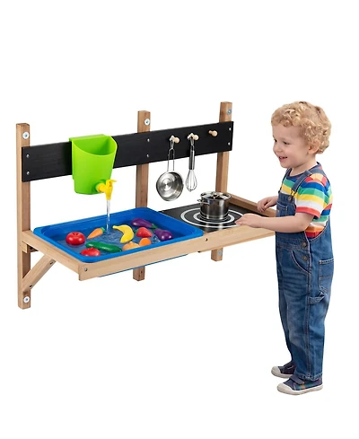 Gymax Outdoor Wall Mounted Mud Kitchen for Kids Wooden Play Kitchen with Sink Faucet