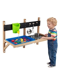 Gymax Outdoor Wall Mounted Mud Kitchen for Kids Wooden Play Kitchen with Sink Faucet
