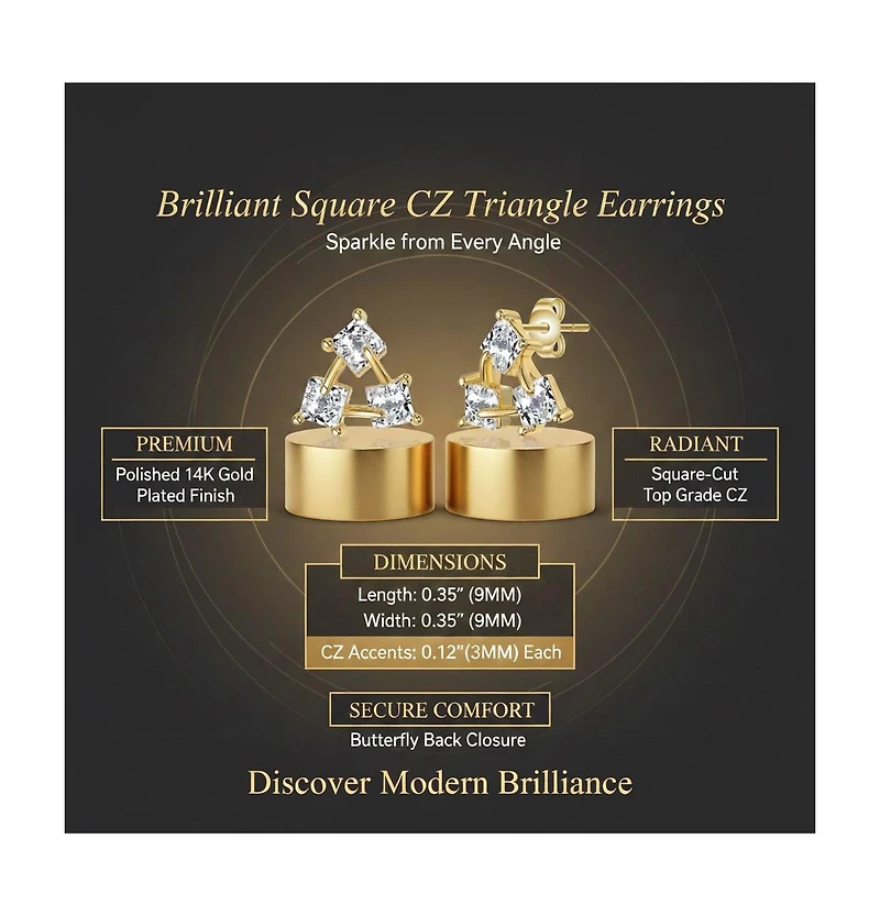 Rachel Glauber Brilliant Square Cz Triangle Earrings in 14K Gold Plated