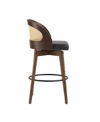 Maison Boucle Swivel Counter Height Bar Stools Set of 2, Solid Wood Rubberwood Frame, Walnut Finish, Fabric Upholstered Seat, Rattan Backrest