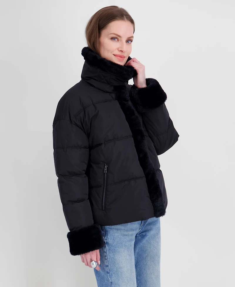 Tahari Womens Sherpa Cuff and Collar Puffer Coat