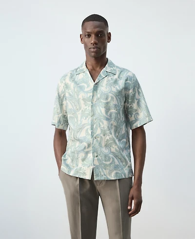 Mango Men's Bowling Collar Printed Cotton Shirt