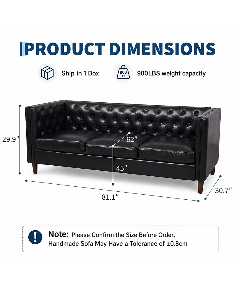 gaomon 81'' Modern Leather Couch for Living Room, Mid Century Sofa with Deep Seat, Handmade Button Tufted Sofa, 3 Seat Office