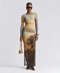 Avec Les Filles Women's Scoop Neck Long-Sleeve Shirred Waist Maxi Dress