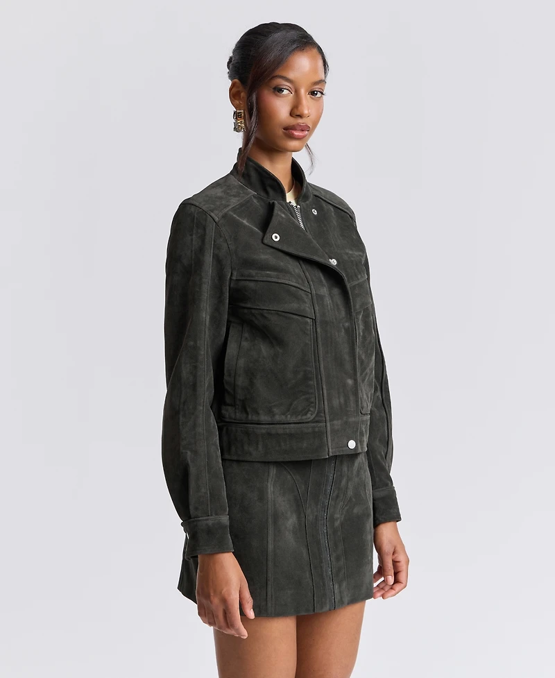 Avec Les Filles Women's Asymmetrical Bomber Zip-Front Faux Suede Jacket