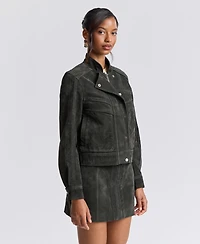 Avec Les Filles Women's Asymmetrical Bomber Zip-Front Faux Suede Jacket