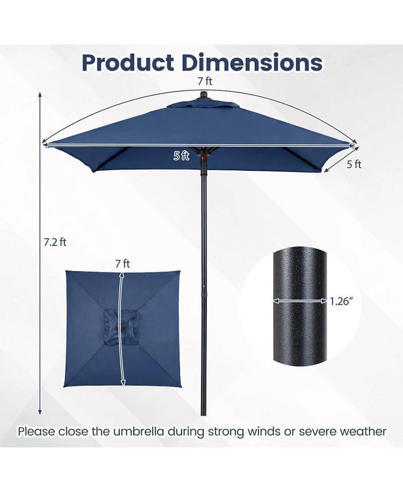 Gouun 5 Ft Patio Square Market Table Umbrella with 4 Sturdy Ribs