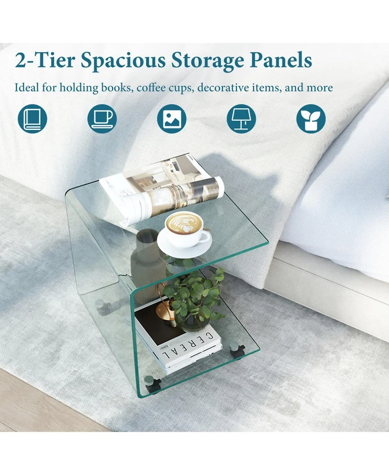 Sugift C-Shaped Tempered Glass End Table with Shelf and Detachable Wheels