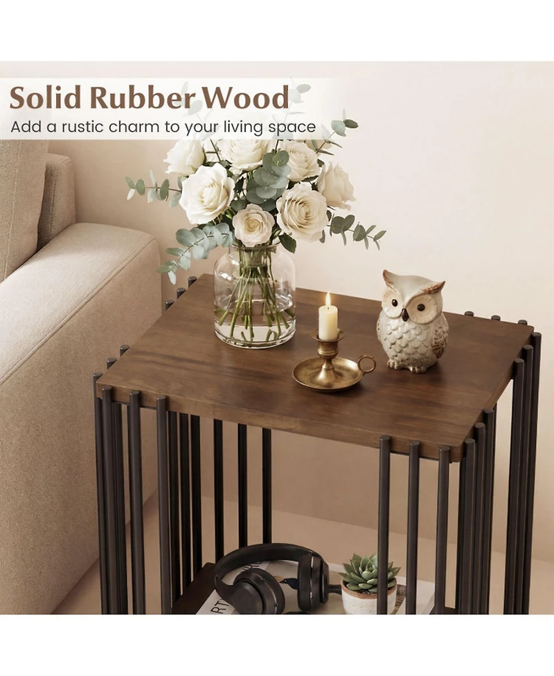 Sugift Rubber Wood Side Table with 2-Layer Storage Shelves and Metal Frame