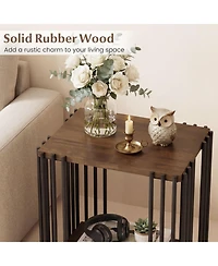 Sugift Rubber Wood Side Table with 2-Layer Storage Shelves and Metal Frame