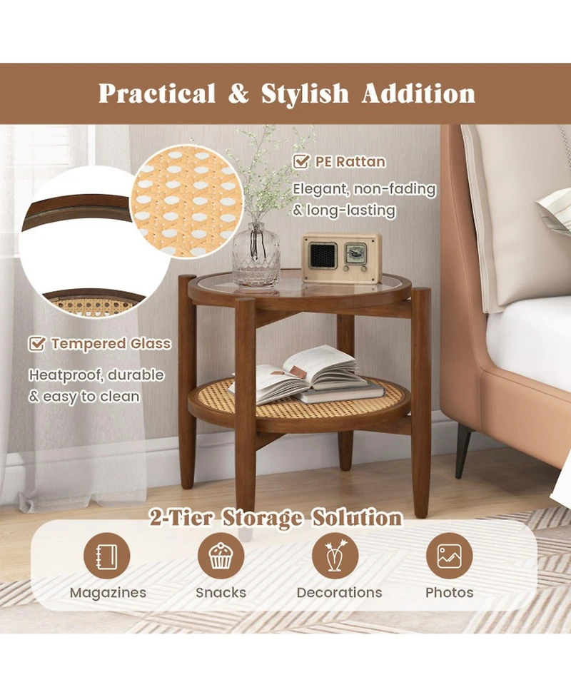 Sugift Round Rattan Side End Table with Tempered Glass Tabletop and Shelf