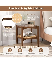 Sugift Round Rattan Side End Table with Tempered Glass Tabletop and Shelf