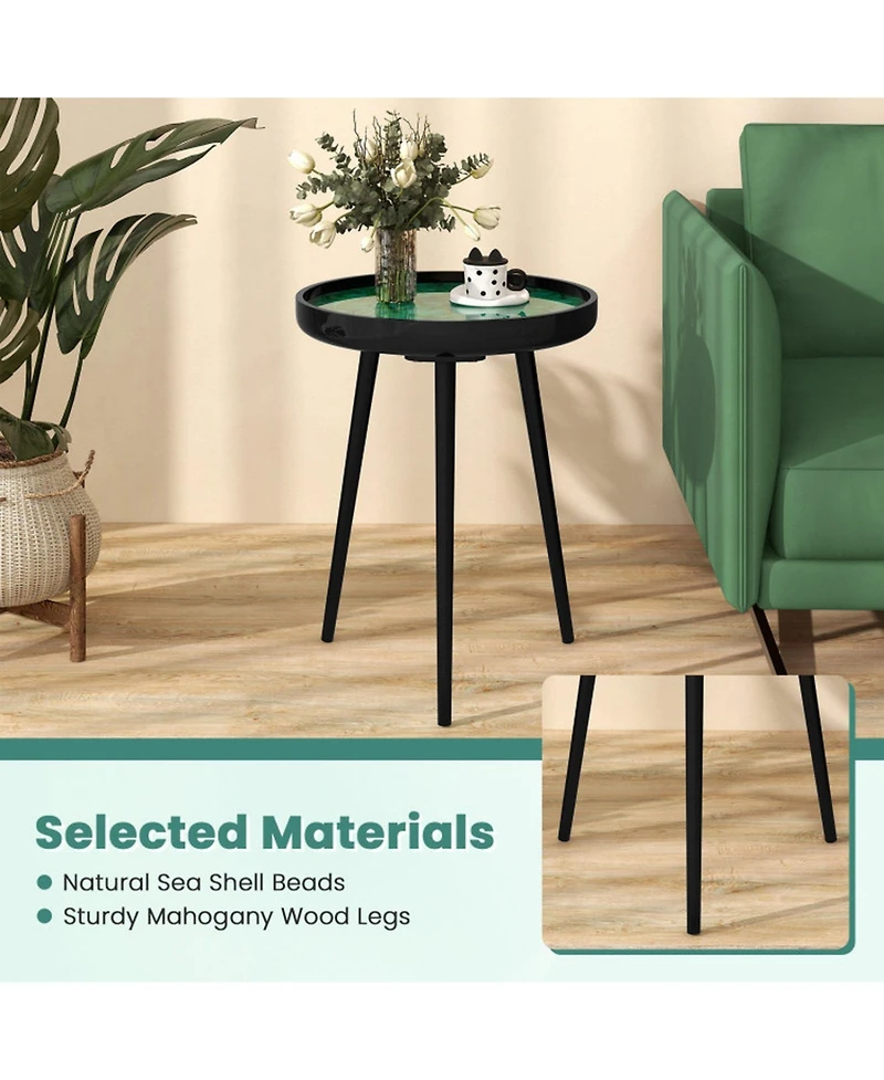 Sugift 16 in Mid-Century Modern End Table with Sea Shell Decoration and Epoxy Resin Finish