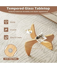 Sugift Triangle Coffee Table with Tempered Glass Top and Adjustable Rubber Wood Base