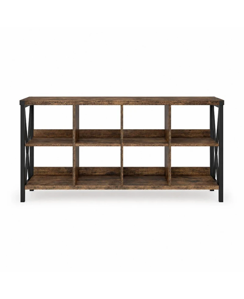 homfan 8-Cube Bookshelf Storage Organizer with Industrial Metal Frame, 62" Console Table, Tv Stand, Rustic Farmhouse Style