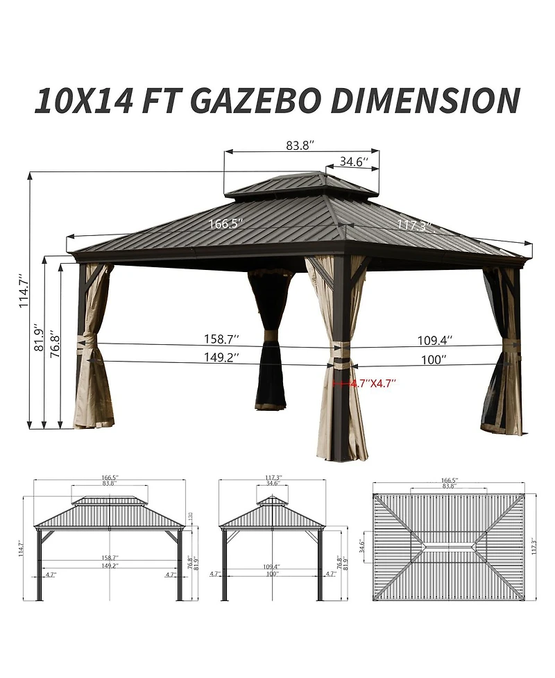 Asagikoiai 10x14 Ft Metal Outdoor Hardtop Gazebo, Double Roof Patio Canopy with Netting and Curtains