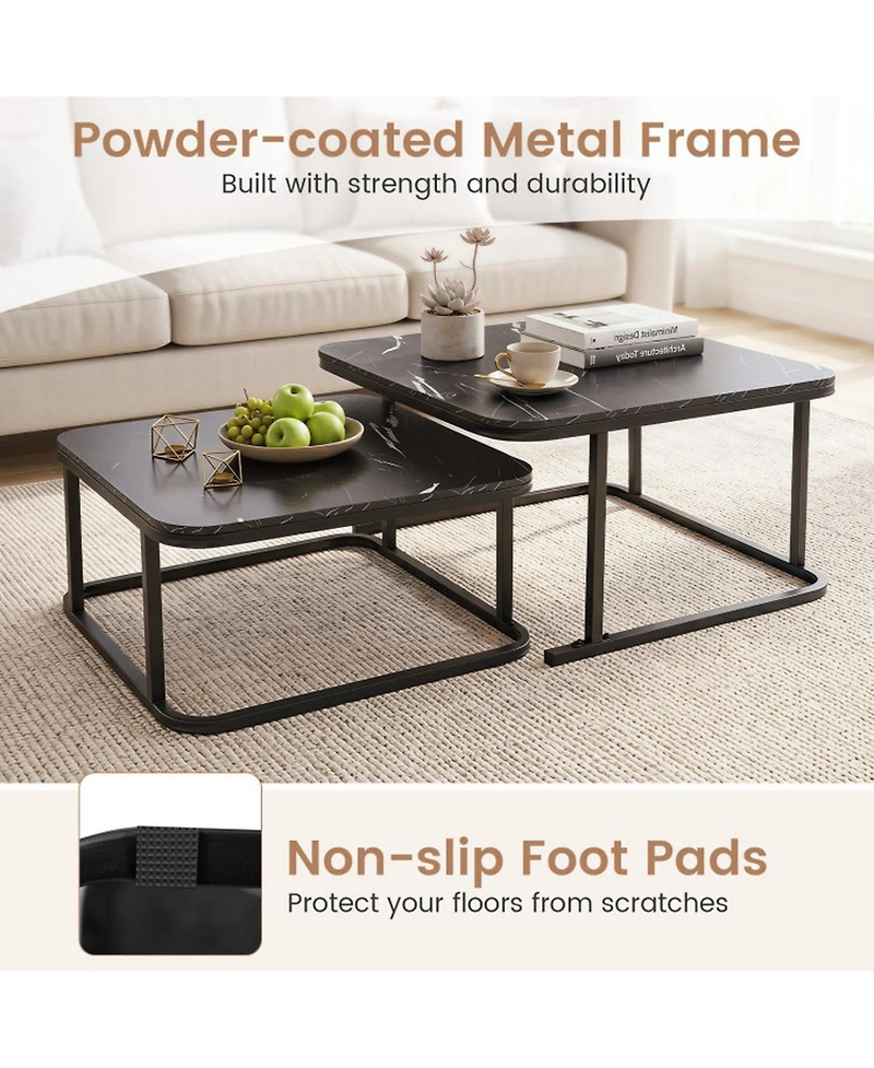 Sugift Set of 2 Nesting Coffee Tables with Faux Marble Top and Metal Frame