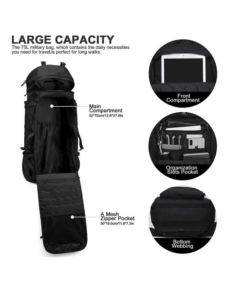 Piscifun 75L Molle Hiking Backpack With Rain Cover Hydration Compartment For Camping Travel