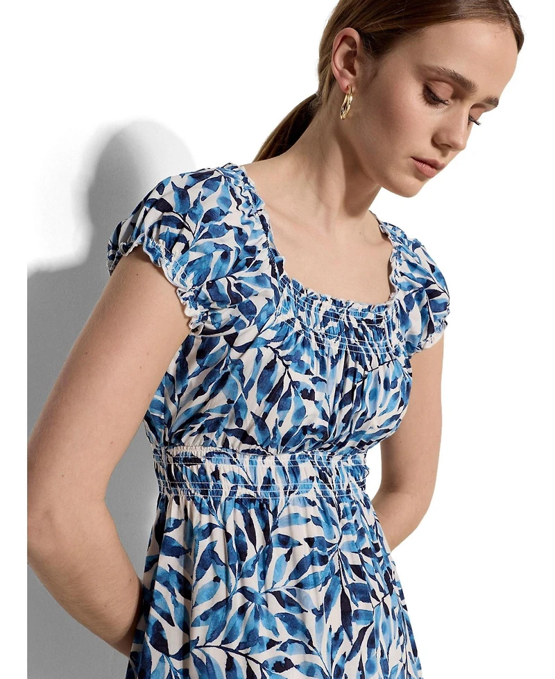 Apricot Women's Milkmaid Watercolour Leaf Smocked Waist Midi Square Neck Dress