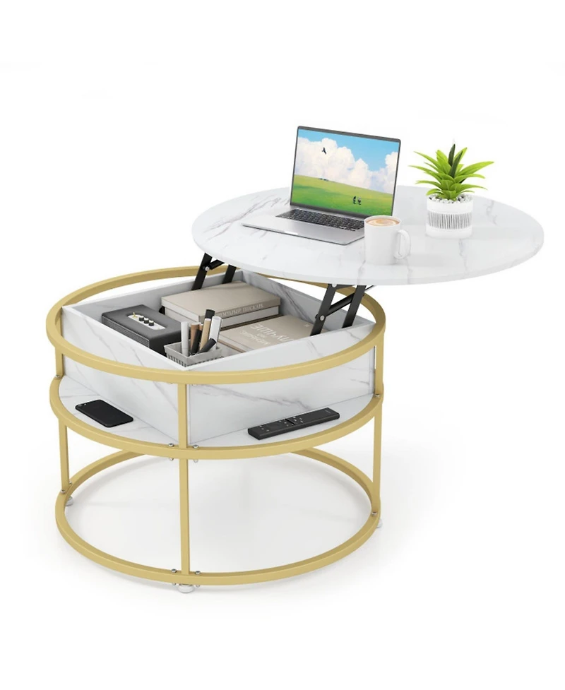 Sugift 31.5 in Round Lift Top Coffee Table with Hidden Compartment and Side Shelves