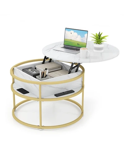 Sugift 31.5 in Round Lift Top Coffee Table with Hidden Compartment and Side Shelves