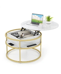 Sugift 31.5 in Round Lift Top Coffee Table with Hidden Compartment and Side Shelves