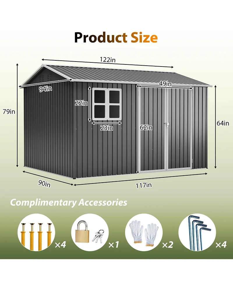 Mondawe 10 x 8 ft Steel Storage Shed with Window Lockable Doors and Sloped Roof