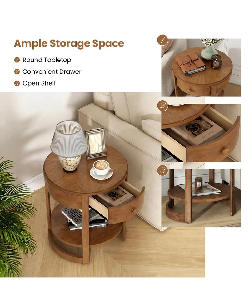 Sugift 2-Tier Round End Table Mid-Century Modern Nightstand with Drawer and Shelf