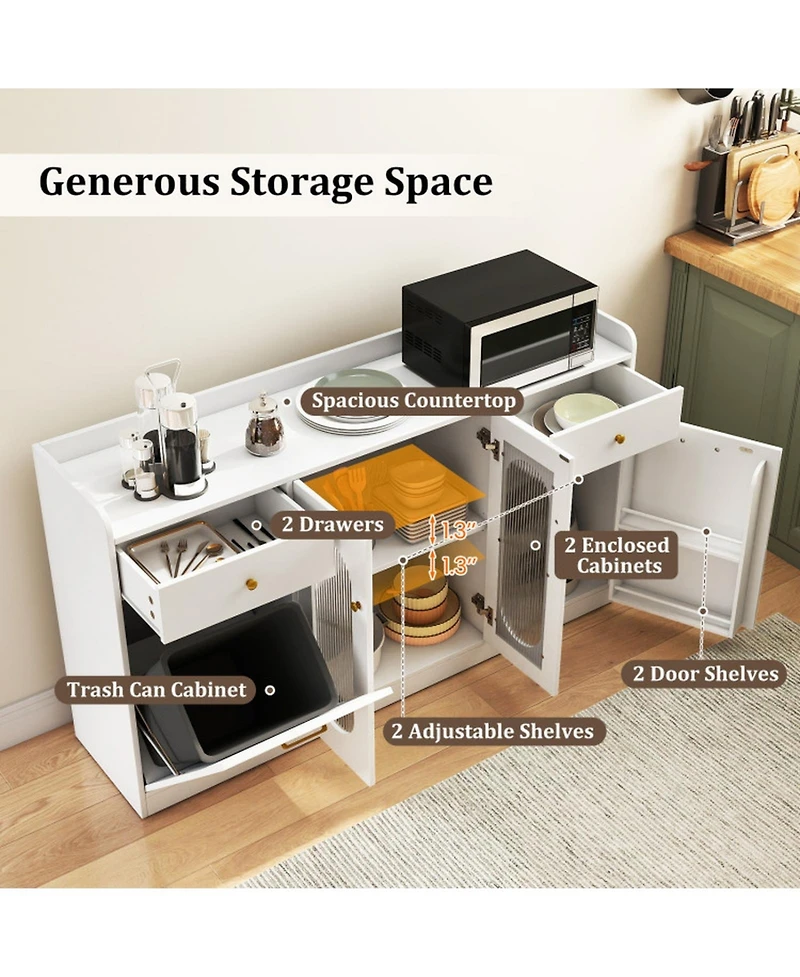 Sugift 55 Inch Buffet Cabinet with Hidden Tilt-Out Trash Can and 2 Glass Doors
