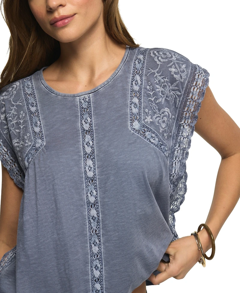 Lucky Brand Women's Embroidered Short-Sleeve Boxy Cotton-Blend T-Shirt