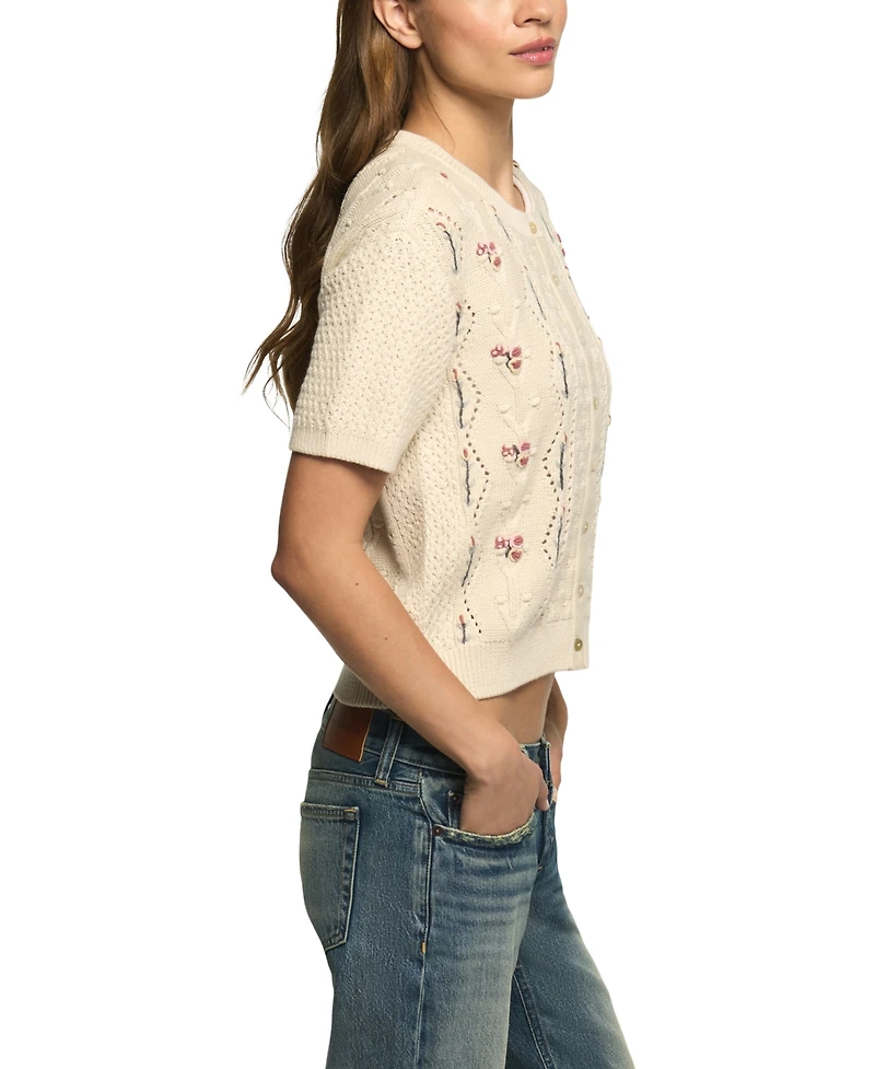 Lucky Brand Women's Rosette Button Up Short-Sleeve Cable-Knit Crop Cardigan