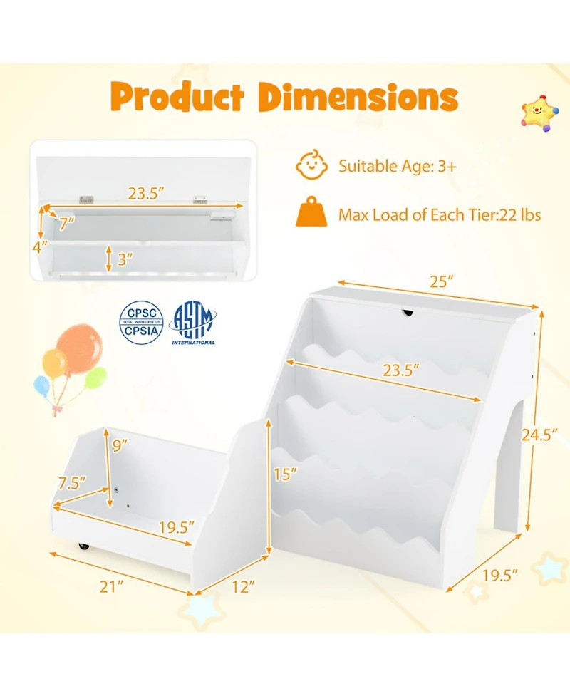 Sugift 2-In-1 Kids Bookshelf Toy Storage Organizer with 4-Layer Shelves Drawer and Flip Box