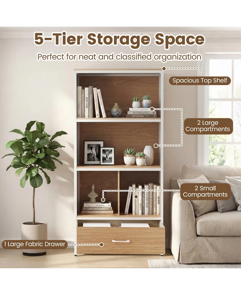 Sugift 56 Inch Tall Freestanding 5-Tier Bookcase with Drawer
