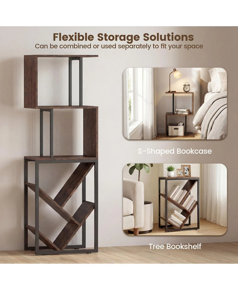 Sugift 6-Tier Floor Standing S-Shaped Geometric Tree Bookshelf Bookcase with Open Shelves