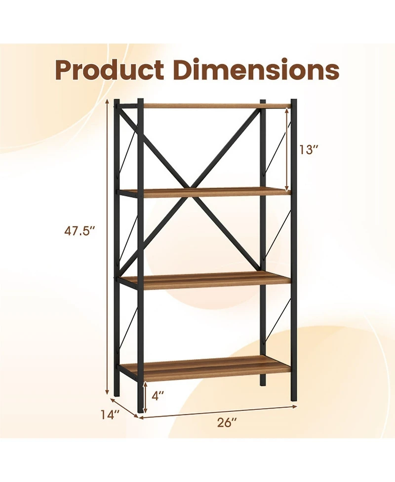 Sugift 4-Tier Bookshelf with Heavy-Duty Metal Frame and X-Braced Reinforcement
