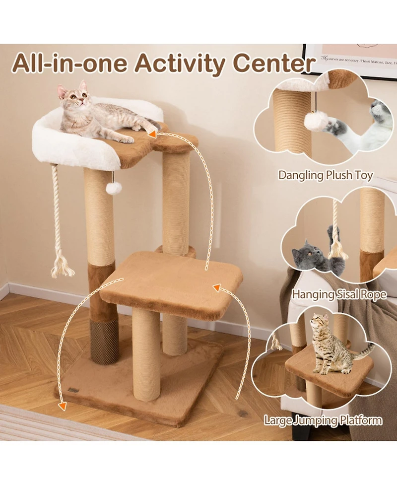 Sugift 44 in Modern Cat Tree for Indoor Cats with Plush Padded Perch and Dangling Ball