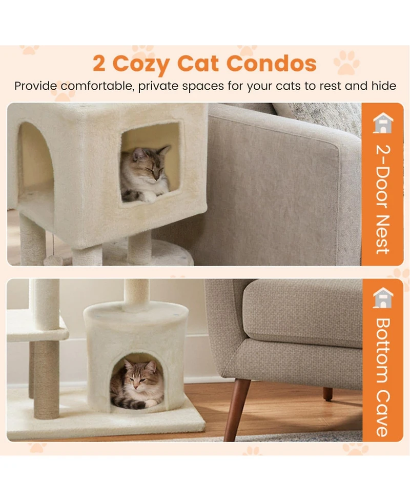 Sugift 64 in Tall Cat Tree with 2 Large Condos and Jute Scratching Posts for Indoor Adult Cats