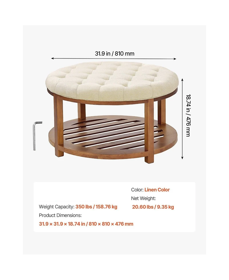 Slickblue Round Tufted Ottoman Coffee Table with Wooden Shelf, Linen Upholstered Accent Table