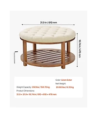 Slickblue Round Tufted Ottoman Coffee Table with Wooden Shelf, Linen Upholstered Accent Table