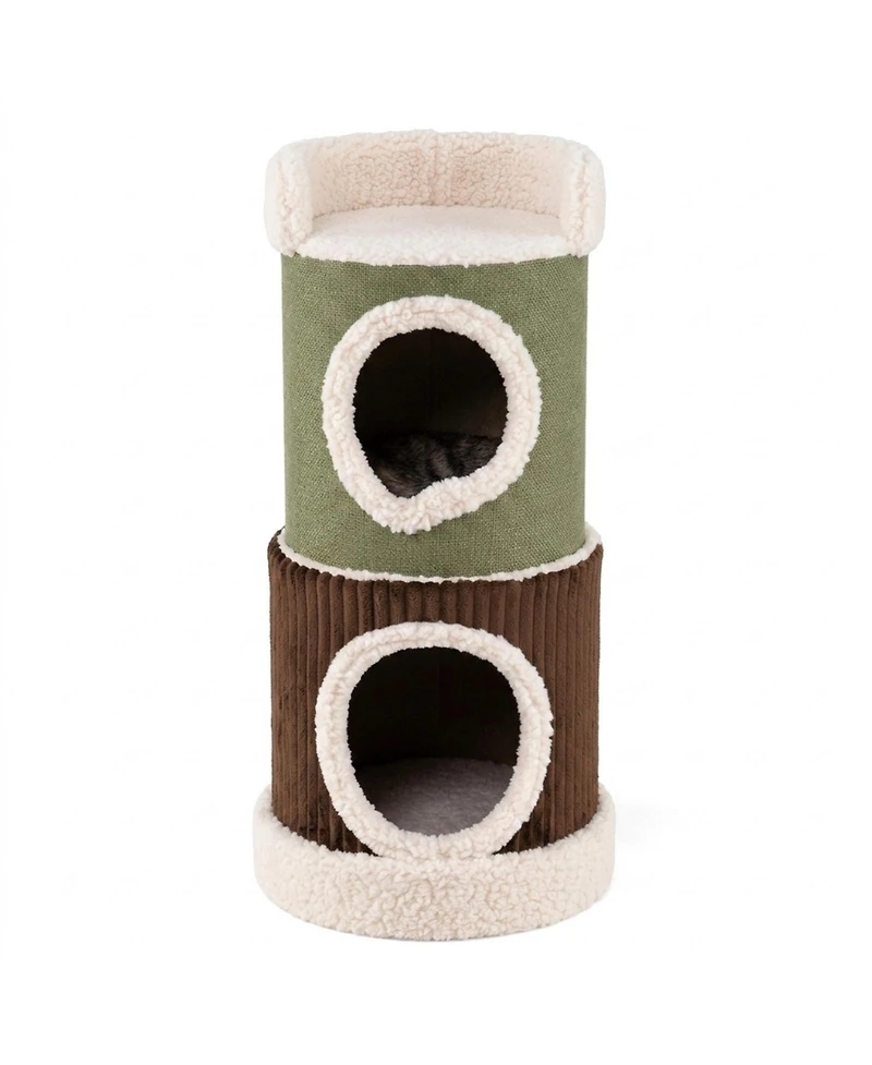 Sugift 3-Level Barrel Cat House with Top Perch Double Condos and Stable Base