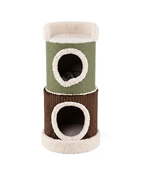 Sugift 3-Level Barrel Cat House with Top Perch Double Condos and Stable Base