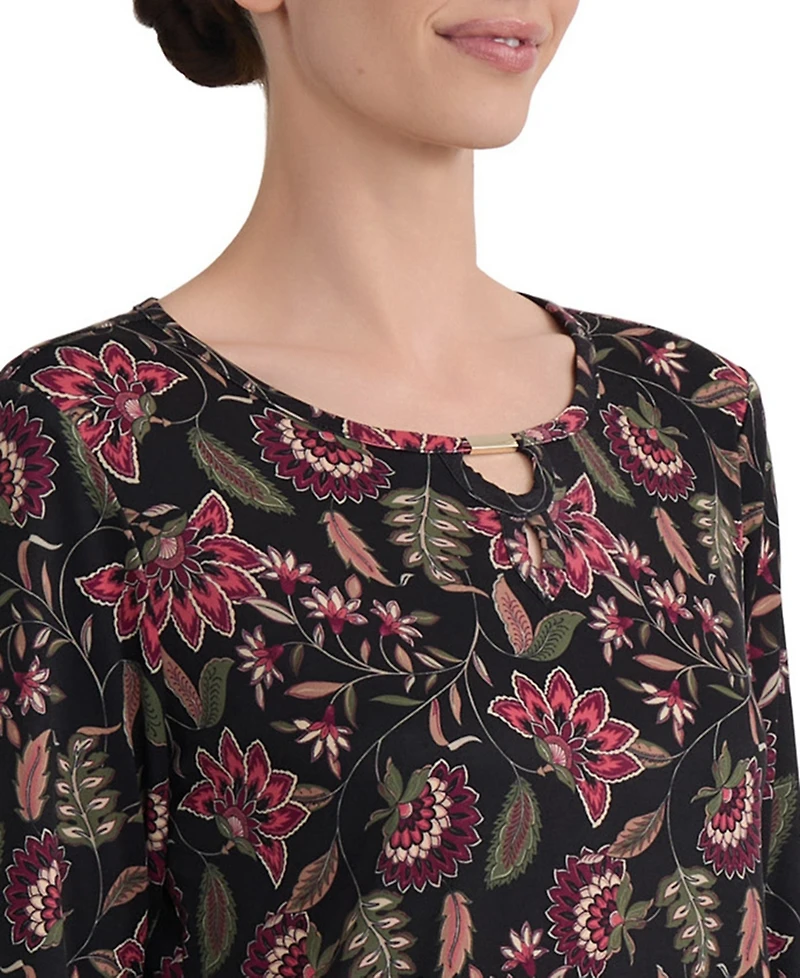 Jones New York Women's Floral-Print Keyhole Neck 3/4-Sleeve Top