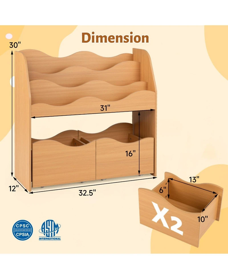 Sugift Kids Wooden Storage Organizer with 3-Tier Bookshelf and 2 Rolling Drawers for Kids Room