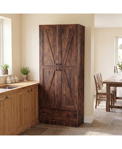 Sugift 72 Inch Tall Farmhouse Wooden Kitchen Pantry Cabinet with 2 Doors and Bottom Drawer