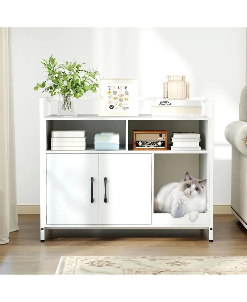 Sugift Hidden Cat Washroom with Double Doors and Scratch Cardboard