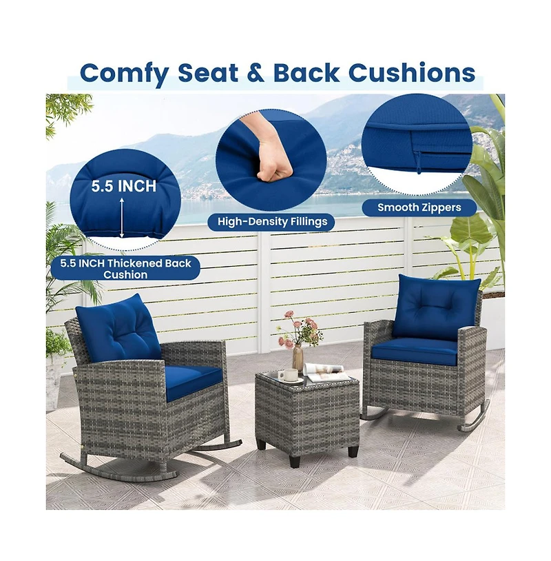 Boyel Living 3 Piece Patio Rattan Roker Chairs with Tempered Glass Table and Soft Cushions