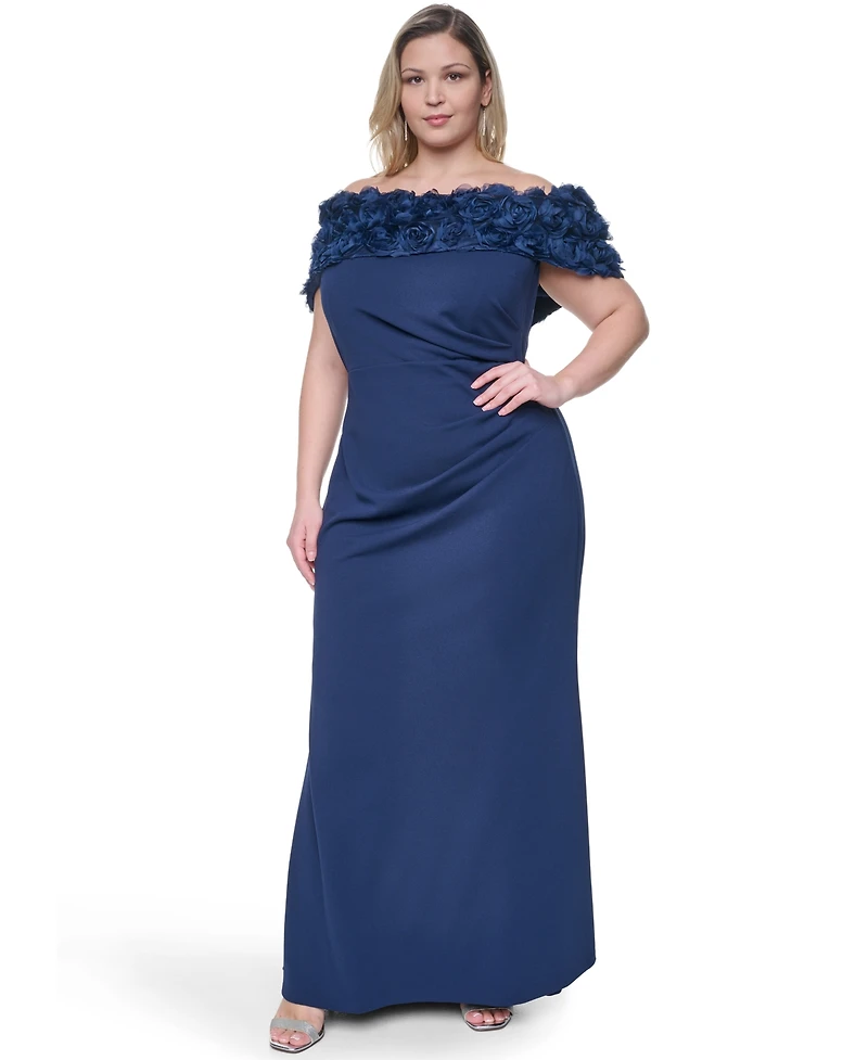 Eliza J Plus Rosette-Trim Off-The-Shoulder Evening Gown